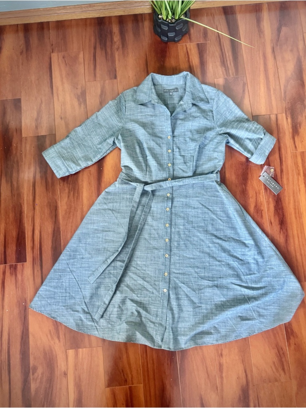 Sharagano Dusty Blue Tie-Waist Button Front Midi Shirt Dress with Pockets - Picture 5 of 8